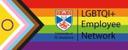 The St Andrews logo with pride colours